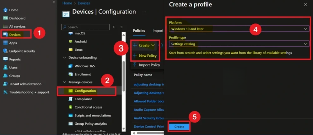 Creating a new configuration profile in Microsoft Intune
